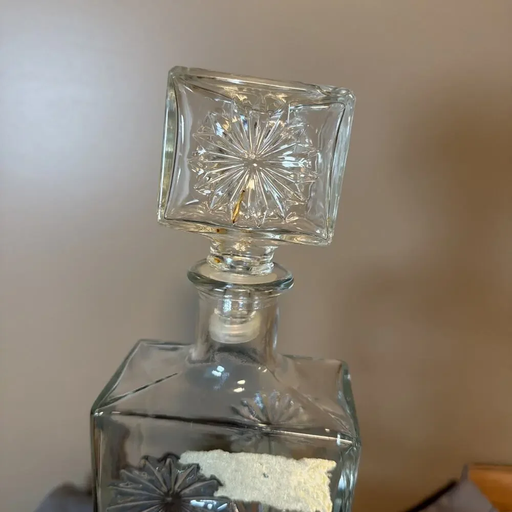 Vintage Square Clear Glass Whiskey Decanter Embossed Flowers(cork Is Gone)